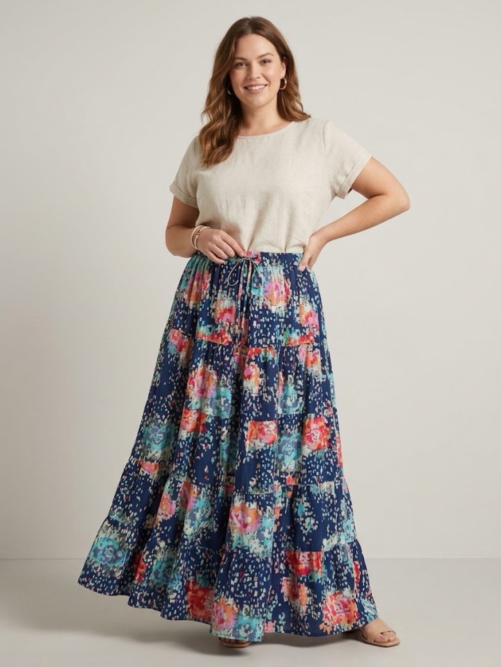 Floral Tiered Maxi Skirt - Navy Multi